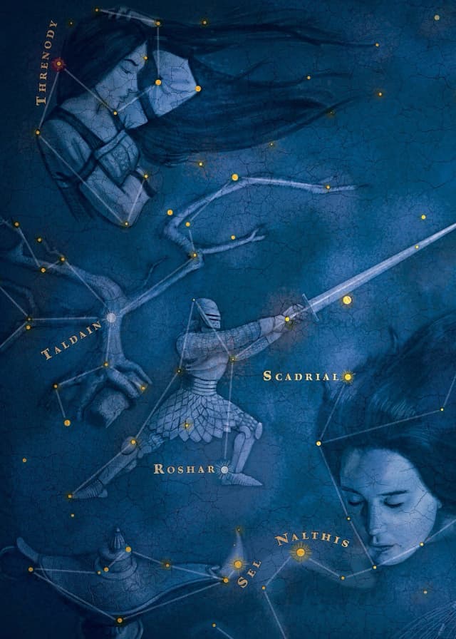Cartão do universo cosmere mostrando um mapa estelar em tons de azul com linhas que conectam constelações e estrelas, e figuras flutuantes mostrando o que as constelações representam.