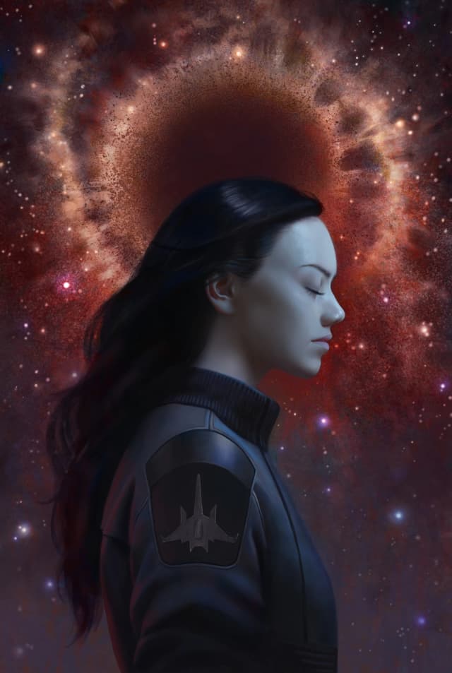 Cartão do universo Cytoverso com o retrato de uma mulher de perfil (a Spensa, protagonista de Skyward), rodeada por um halo cósmico e nebulosas avermelhadas