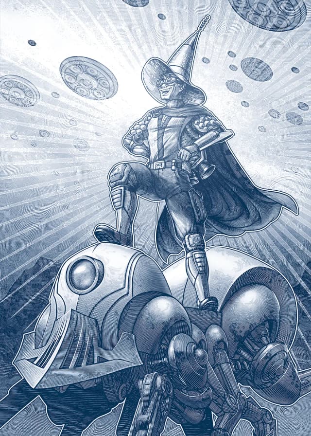 Cartão de Obras Independentes mostrando um cavaleiro futurista com elmo pontudo e capa em pose triunfante sobre um robô insetoide, com diversos discos voadores ao fundo em estilo gravura monocromática azul
